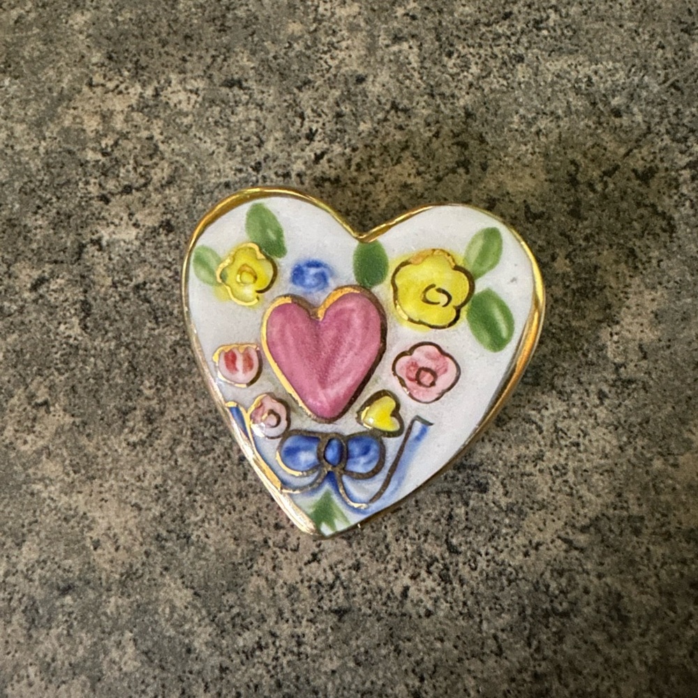 Floral porcelain hand painted  Heart-Shaped Brooch.